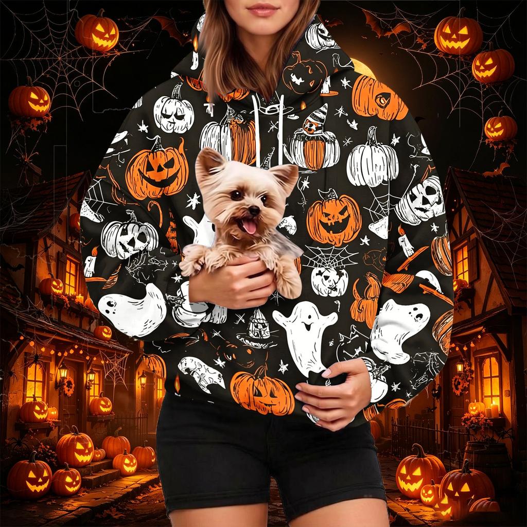 Dámská módní mikina s kapucí a potiskem na Halloween s kapsou na mazlíčka, ležérní mikina