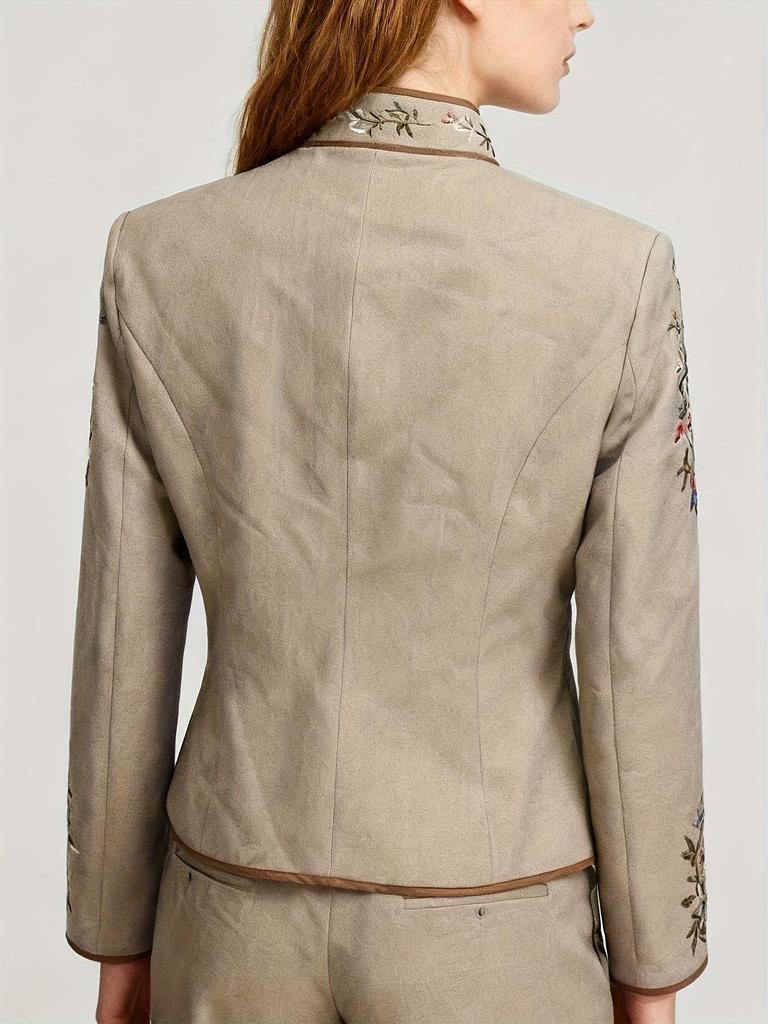 Retro-Blumen-Stehkragenjacke mit Kontrastkante
