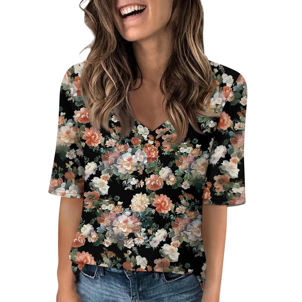 Shirts For Women Trendy V Neck T Shirts Casual Printed Blouse Half Sleeve Tops For Women