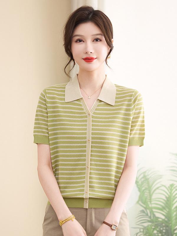 

2026 Autumn Striped Lapel Top for Young, Middle-Aged & Elderly Women – Stylish Knit Sweater 3XL (Suggest 150-165 Jin) зелёный
