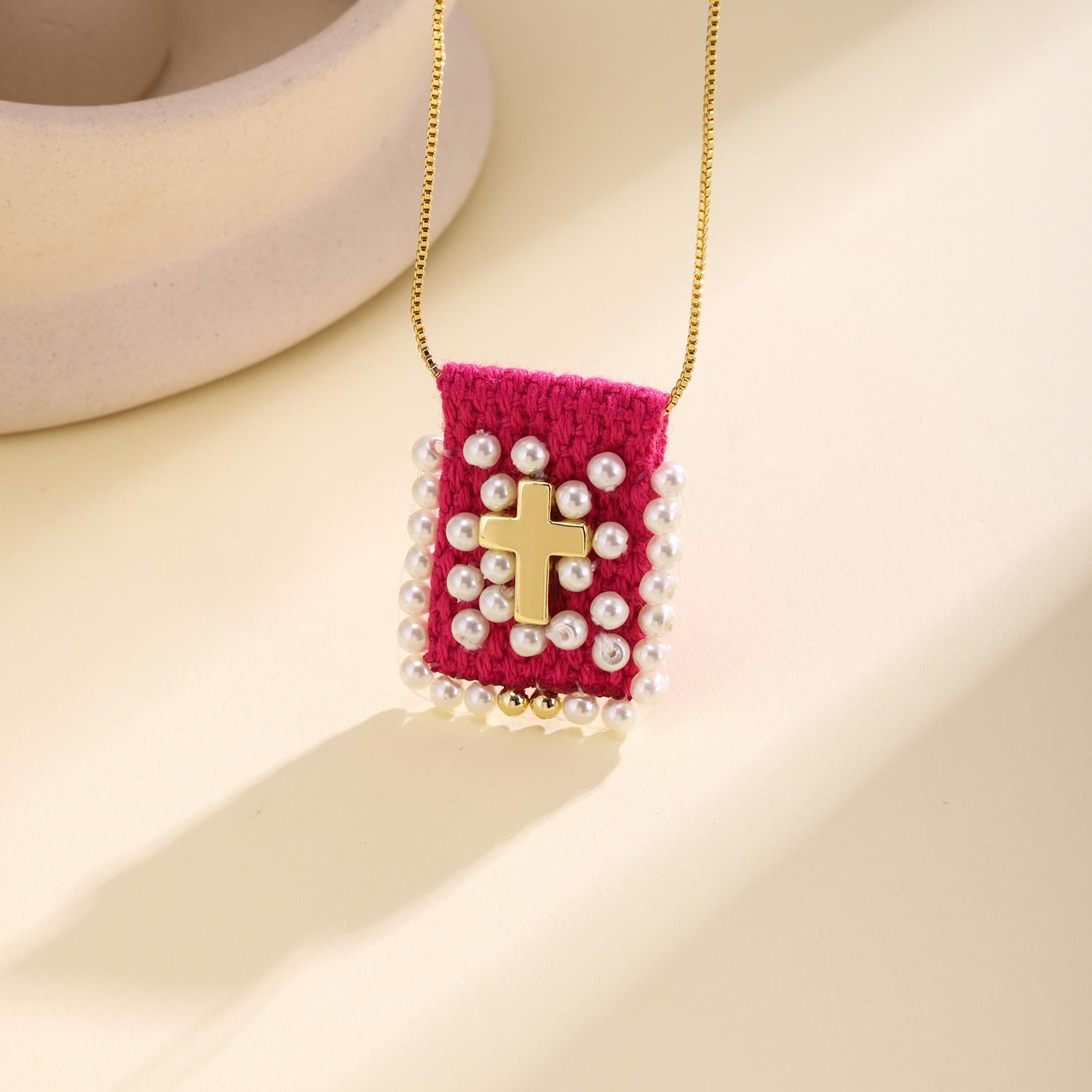 

Nidin Boho Textured Crochet Bible Pendant Necklace Pearl Beaded Cross Chain Choker Religious Style Jewelry For Women Daily Wear розы красного