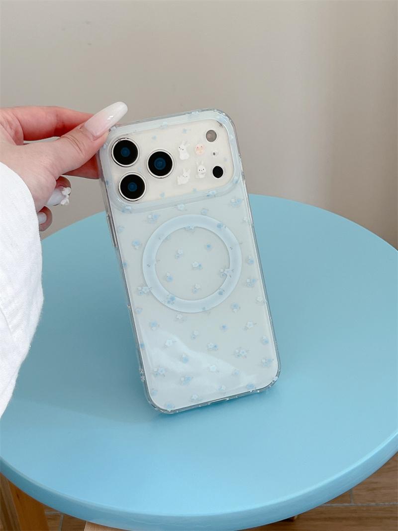 

Kawaii Light Blue Floral For MagSafe Clear Phone Case With For iPhone 15 16 17 Pro Max INS Fresh Style Shockproof Cover For iPhone 17ProMax