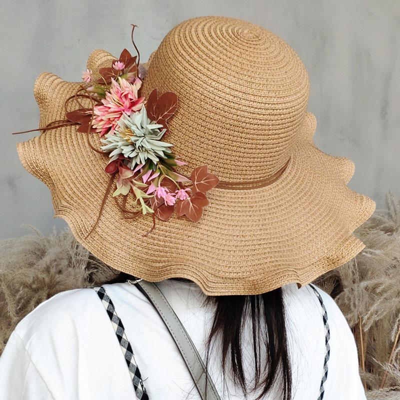 Sommer Damen Strohhut mit Blumen Breiter Rand Welliger Rand Strohhut Panama Hüte Damen Dame Outdoor Faltbare Strand Sonnenkappe
