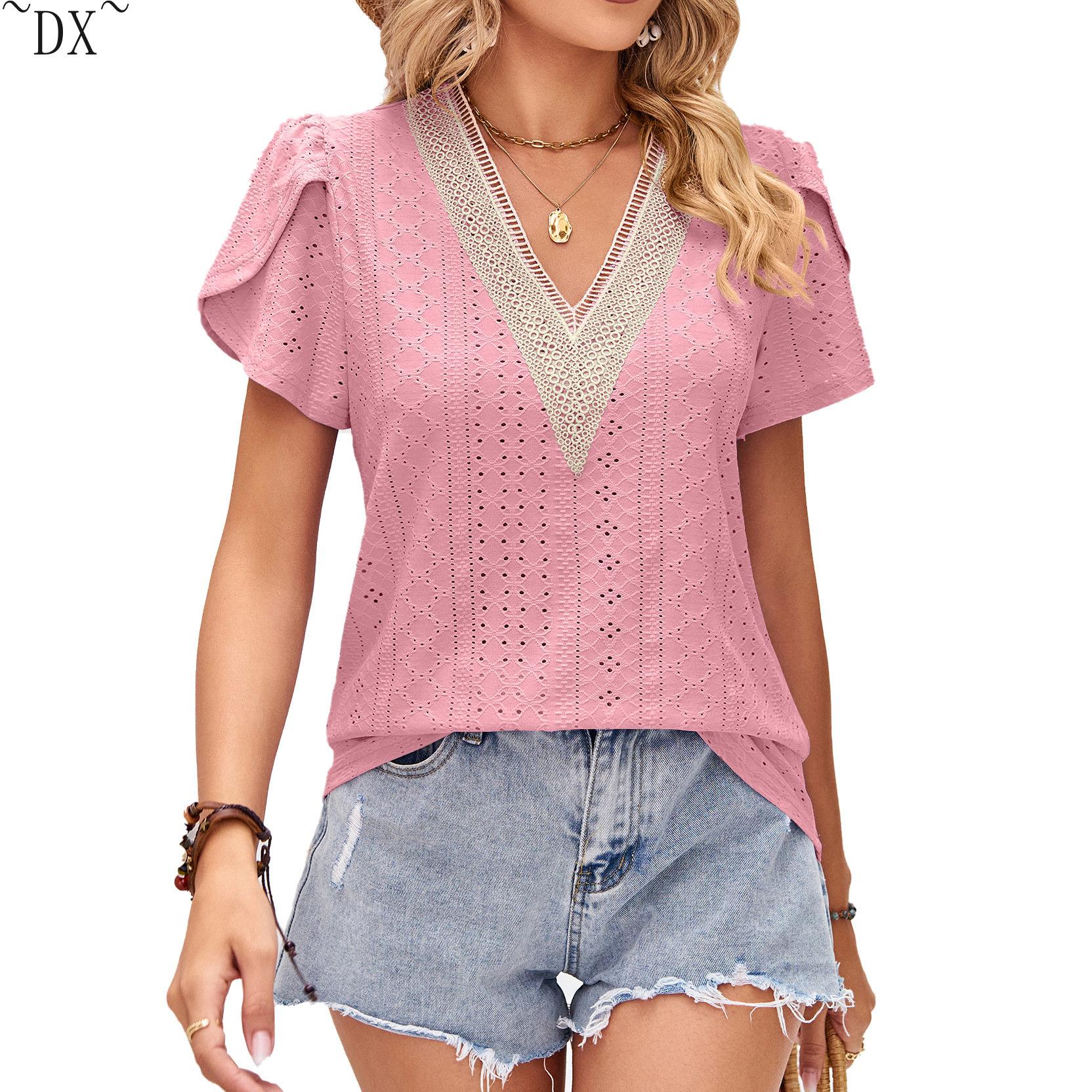 DX~~Женская летняя свободная футболка с v-образным вырезом и кружевными лепестками — фото 23
