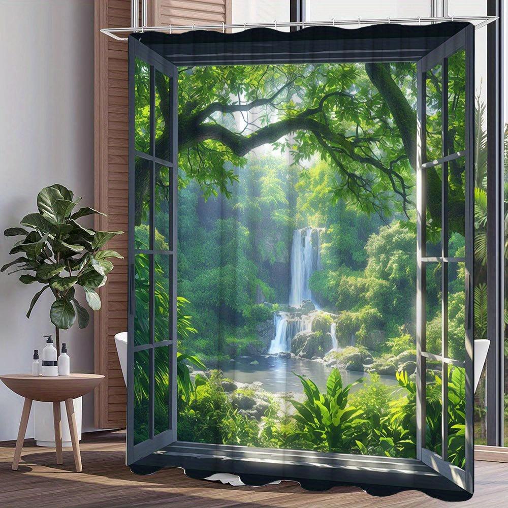 

Shower Curtain: Window to a Serene Forest Waterfall for a Tranquil and Nature-Inspired Bathroom Decor W90XH180cm