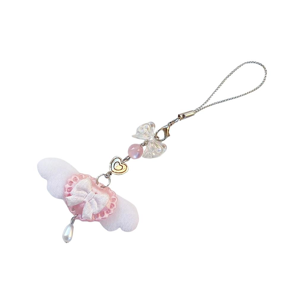 Cute Pink Fur Angel Wing Phone Strap Keychain With Bow Charm Unique Bag Decoration For Girls Lolita Style Accessories