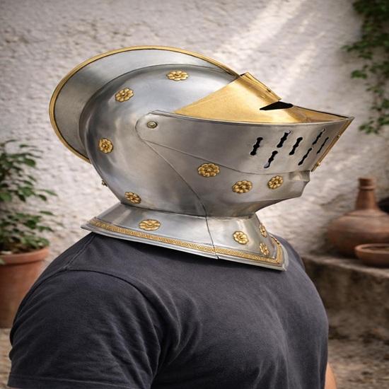 Medieval Bucket Helmet Steel Knight Armor Golden Brass Great Helm Wearable Cosplay Helmet Gift for Him