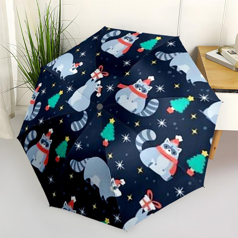 1pc Christmas Raccoons Pattern Umbrella with Plastic Handle,Vibrant Cartoon Pattern,Multi-functional UmbrellaPT264
