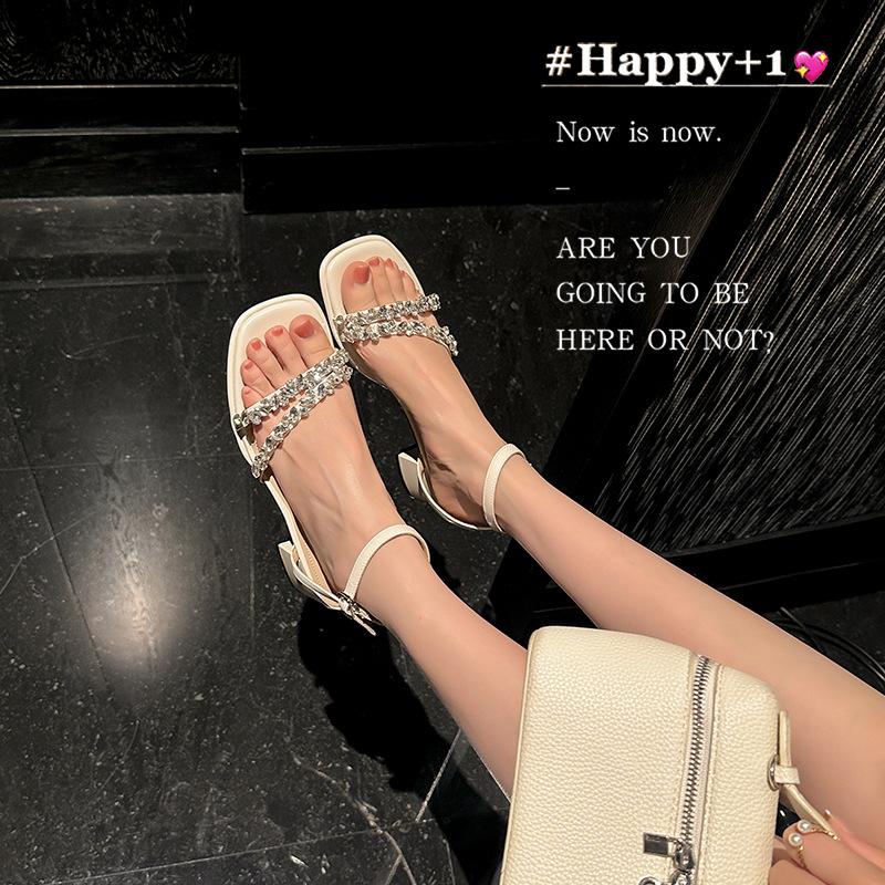 Cowhide grape mother, the same French square head rhinestone with open-toed thick high-heeled sandals for women's 2025 summer new models