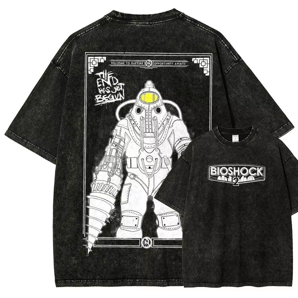 Pop BioShock Game Short-sleeved Washed-out Distressed Pure Cotton Loose Men's and Women's Shirt Large Size