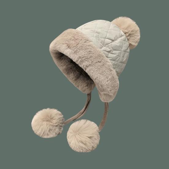 Women Quilted Hat Winter Padded Warm Hat with Cute Pom Pom Ear Protection Fuzzy Hat with Drawstring for Autumn Winter Street Daily Wear