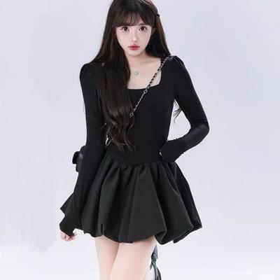 2024 Spring Casual A-line Short Dresses High Waist Bandage for Women Streetwear Fashion Long Sleeve Lace-up Black Dress
