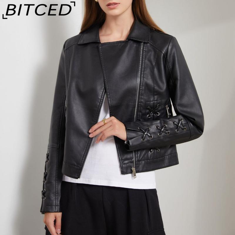BITCED Fashion Knitted Leather Jacket for Women with Straps Trendy Clothing Casual Jacket