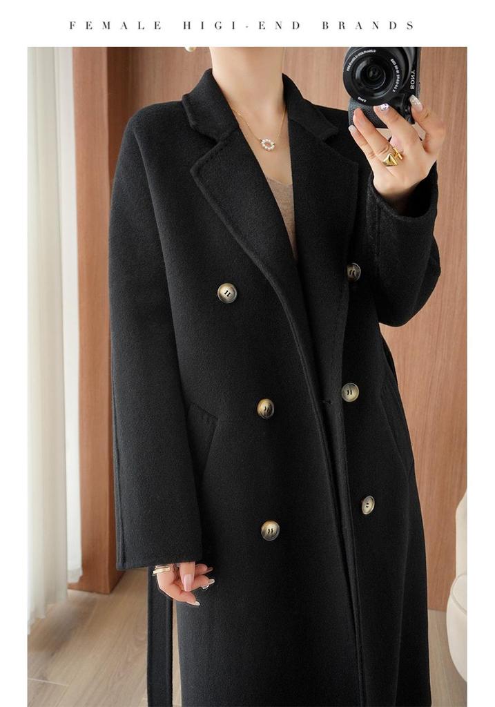 Double-Sided Wool Lapel Coat: Women's Slimming Double-Breasted Mid-Length for Autumn/Winter