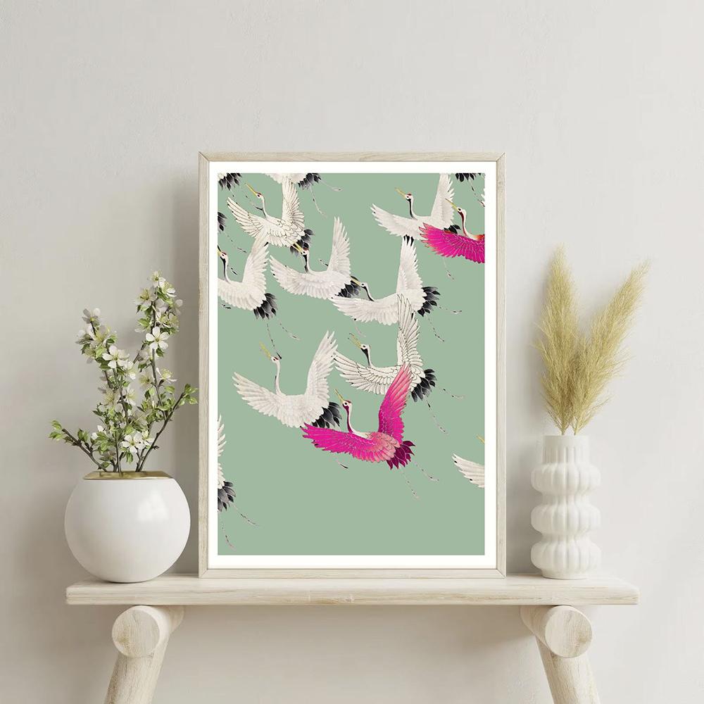 Swarm Japanese Royal Cranes Art Prints Vintage Bird Sage Green Wall Art Canvas Painting Retro Abstract Pictures Home Decor