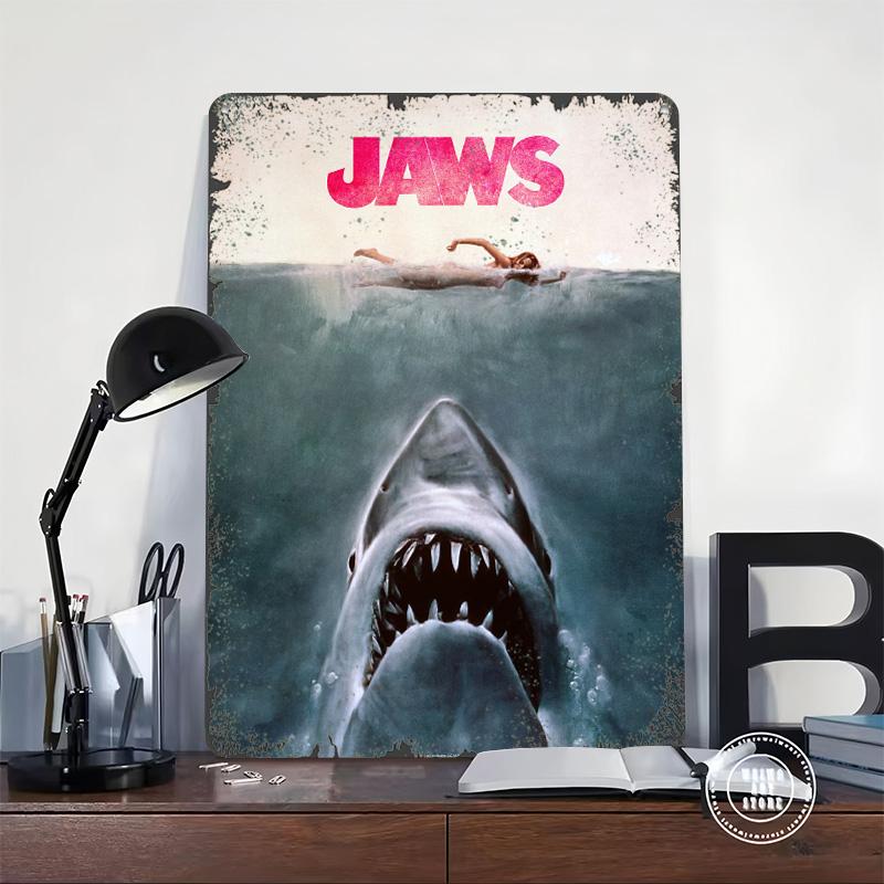 JAWS With Logo Tinplate Poster Customized Wall Art Vintage Retro Metal Signs for Man Cave Decoration Living Room Decor Men Home