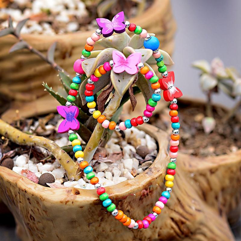 TopHanqi Girls Zircon Sets Cute Animal Butterfly Wood Beads Necklace Bracelet Set For Kids Children Girls Birthday Party Gift