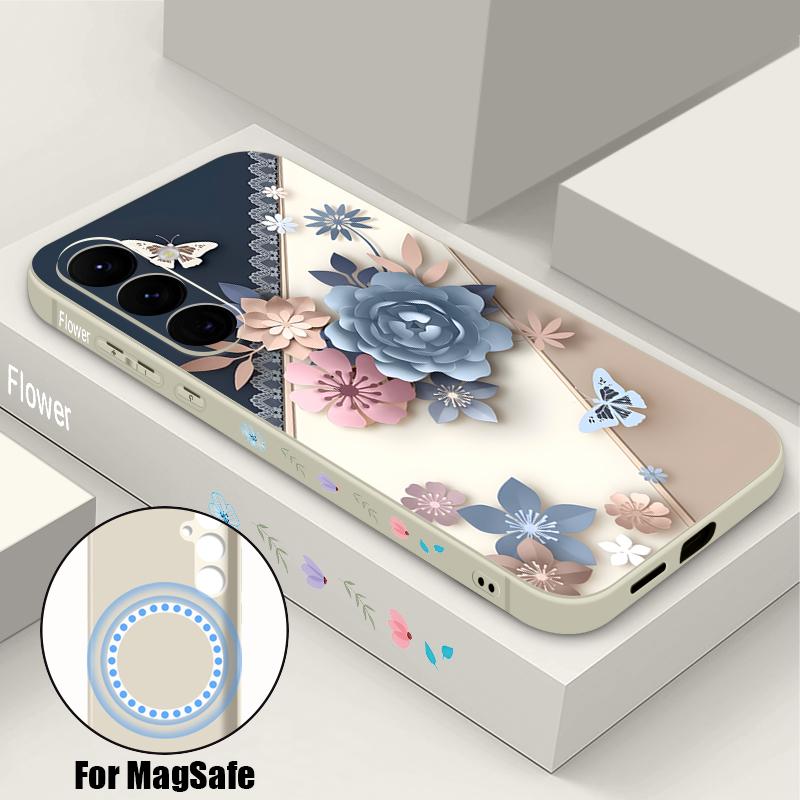 

Romantic Rose Flower Pattern Case For Samsung Galaxy S26 S25 Ultra S24 S23 FE S22 Plus S21 Built-in Metal Plate Magnetic Silicone Cover Samsung S23 белый