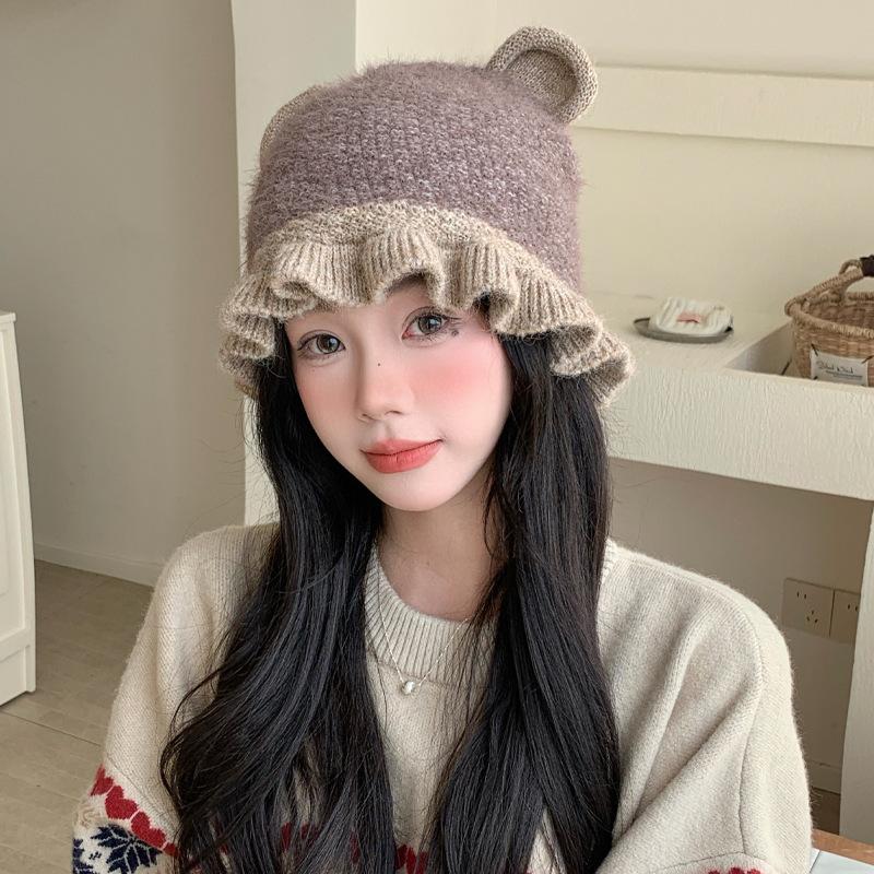 Japanese Sweet and Cute Bear Ear Pullover Hat Autumn and Winter Hat Women's Big Head Knitted Hat Lace Woolen Hat