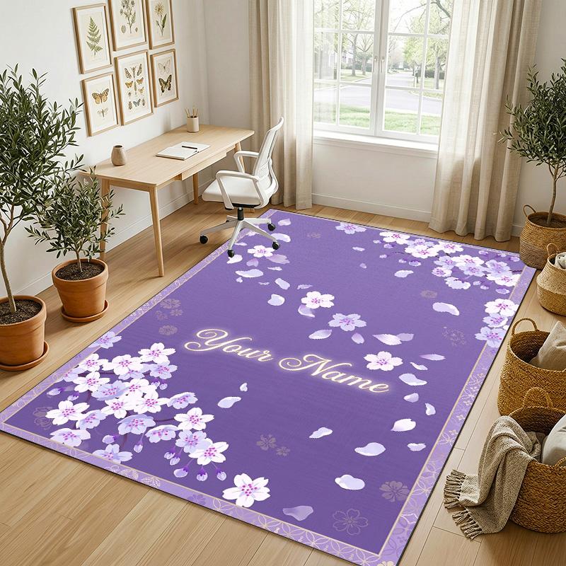 Cherry Blossom Theme Soft Crystal Velvet Rug Custom Name & Text Print Non Slip Floor Rug for Bedroom Living Room