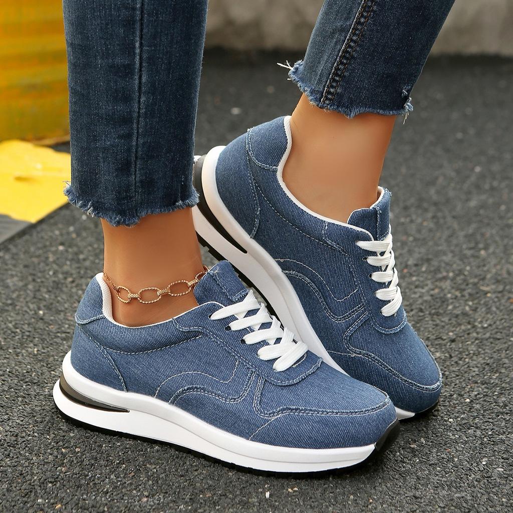 Fashion Comfortable Denim Sewing Sneakers for Women Autumn Casual Solid Lace-Up Women's Sports Shoes Lightweight Walking Shoes Woman