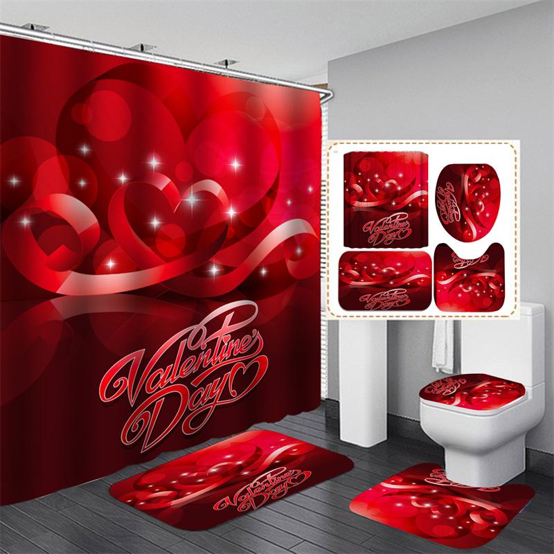 Valentine's Day Bathroom Bathing Waterproof Shower Curtain Home Entrance Doormat Bathtub 4Pcs Set Toilet Seat Cover Rugs Bath Non-Slip Floor Mat Love