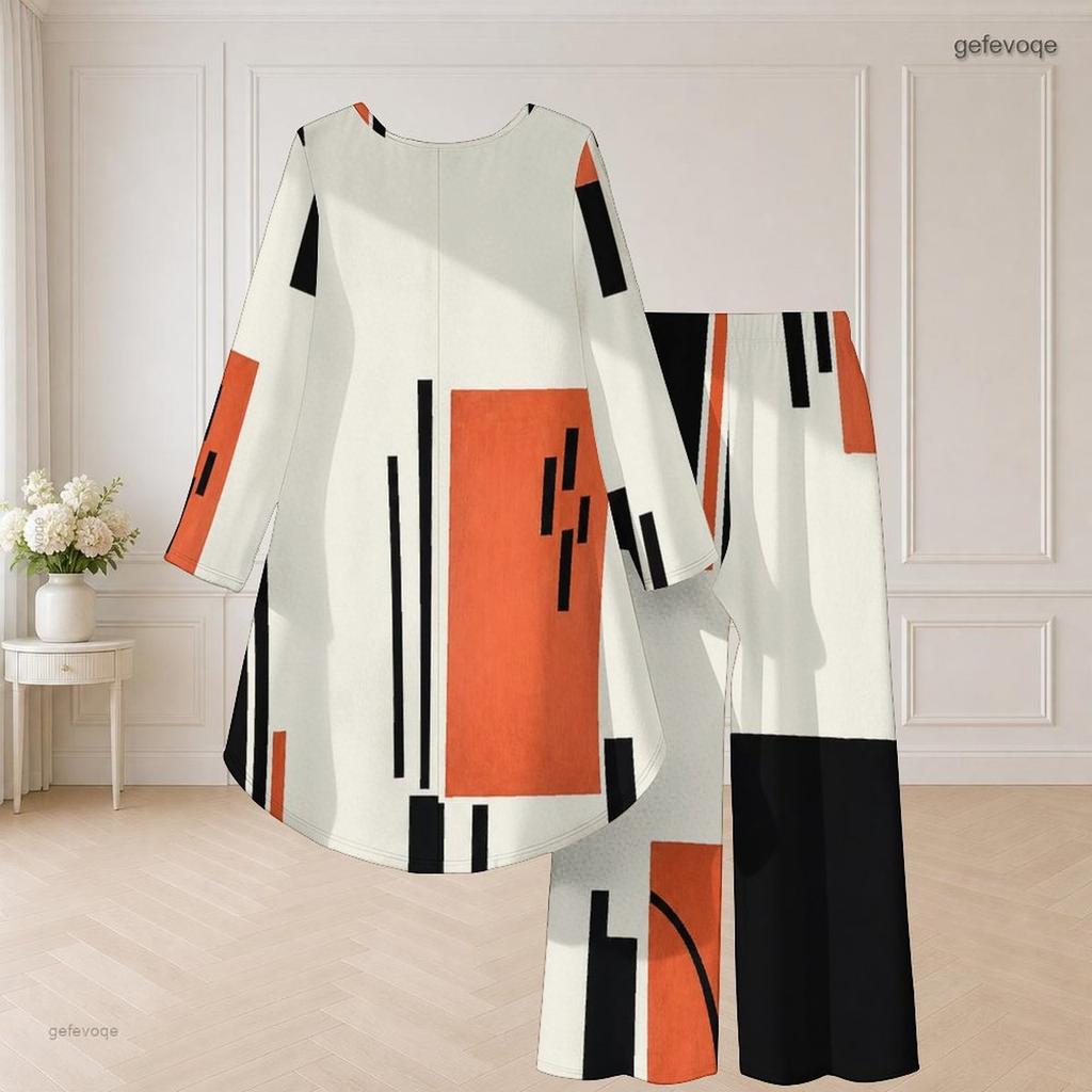 Women Plus Size Round Neck Long Sleeve Printed High Low Top Wide Leg Pants Two Piece Set