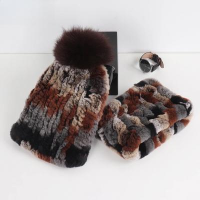 Moda Nova Conjuntos de Chapéu Cachecol de Tricô Boa Elasticidade Pelo Real Conjuntos de Chapéus Cachecóis de Pelo de Coelho Rex Natural Quente de Inverno para Mulheres
