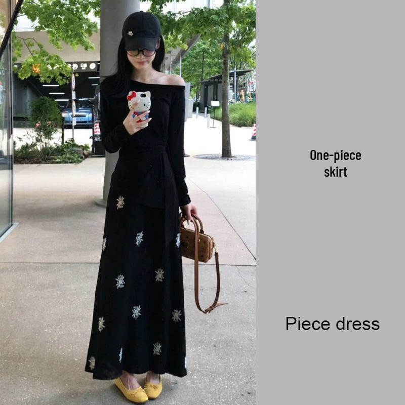 Women s Korean Style One-Shoulder Long Sleeve Top & Slimming Dress Set - Spring 2026 Collection Small