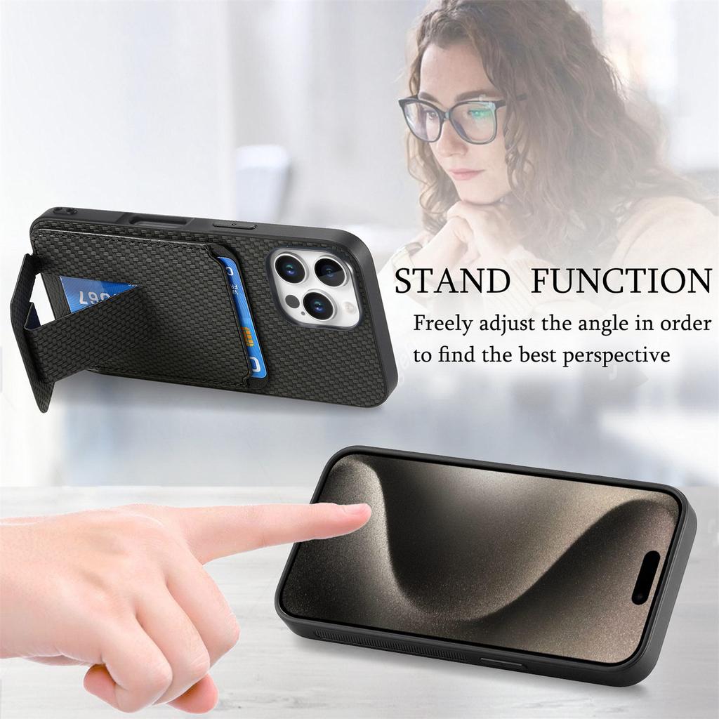 C1-11 for iPhone 16 Pro Max Case Card Holder Carbon Fiber Texture Leather Coated TPU Phone Cover