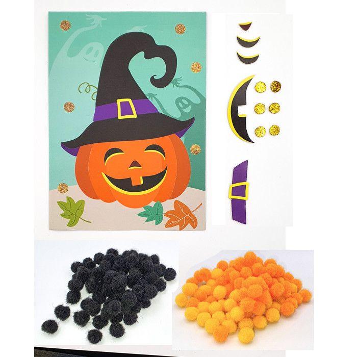 Tableau en pompons pour enfant Halloween Citrouille 15 x 21 cm