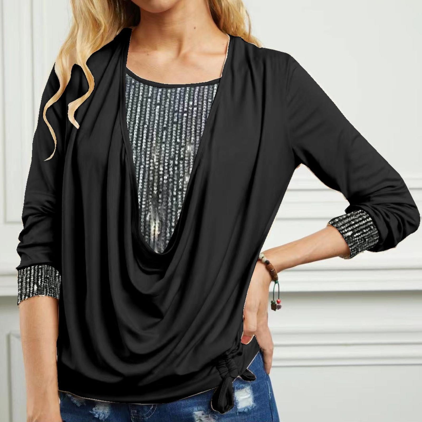 

GMXIA Весенние бусины контрастного цвета с длинным рукавом женские большие отложные воротники свободные складки поддельные два топа XXXXXL чёрный