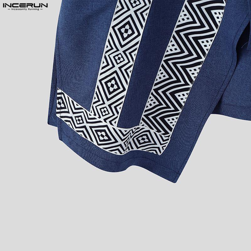 Summer Incerun Men Stand Neck 34 Sleeve Irregular Hem Print Casual Shirts