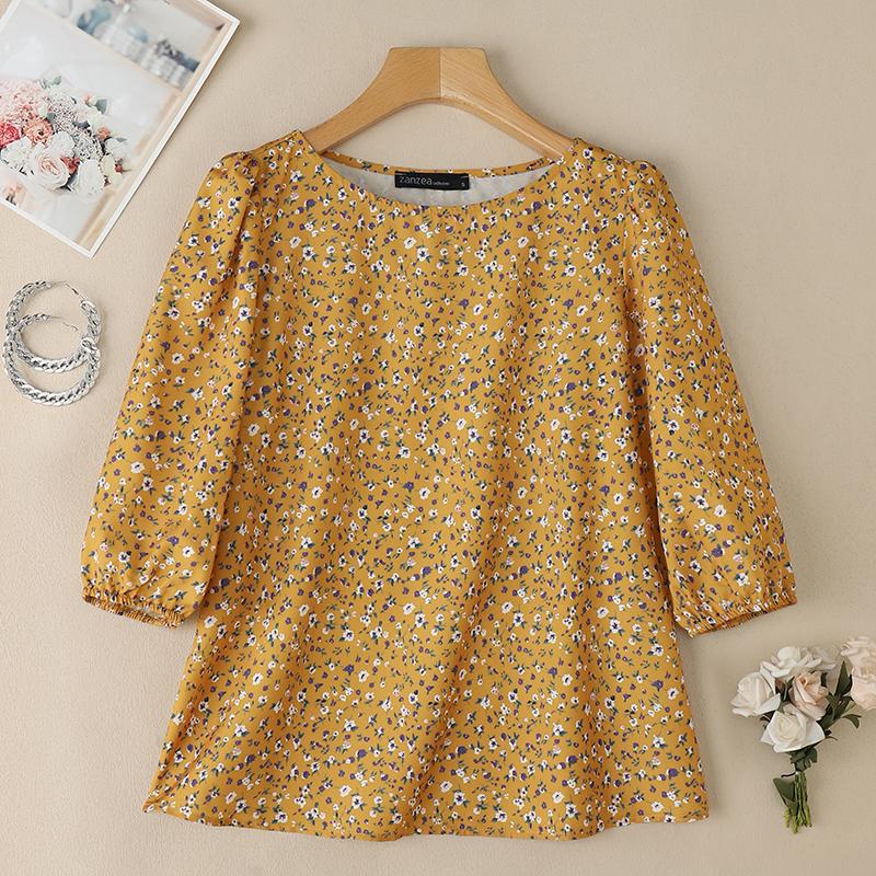 ZANZEA Women Casual Elastic Small Floral Cuffs Rubber Band Daily Blouses