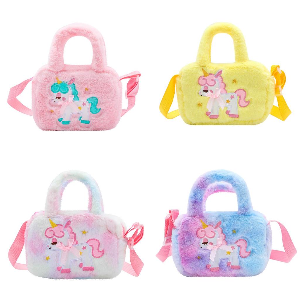 Cute Plush Unicorn Shoulder Bag For Kids Cartoon Design Soft And Fluffy Perfect For Kindergarten And Daily Use Purple