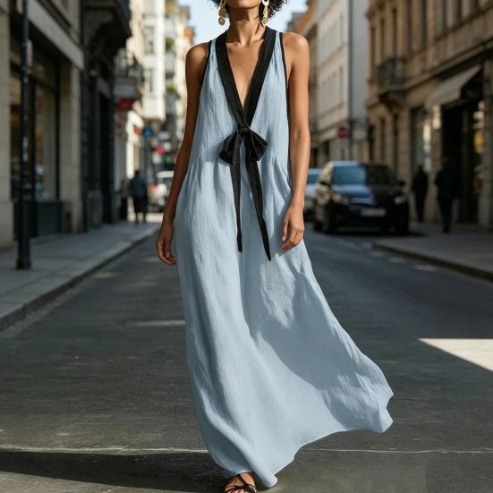 Γυναικείο Maxi Φόρεμα Color Block με Βαθύ V Λαιμό, Αμάνικο, Αέρινο, Χαλαρό, Μακρύ Φόρεμα-Μπλούζα, Καλοκαιρινό, για Παραλία, Διακοπές, Φόρεμα Ηλίου με Τσέπες