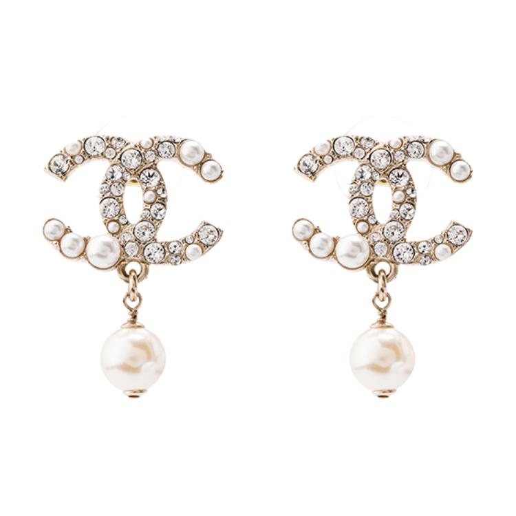 Chanel Double C Pearl Pendant Metal Earrings Women Earrings Gold Pearl-White AB5737-B04938-NB264