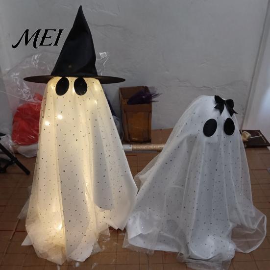 Stable Three Dimensional Ghost Halloween Decor, Spooky Sequin Mesh Fabric with Witch Hat/Bow, Whimsical for Home Decor Small Standing Tabletop