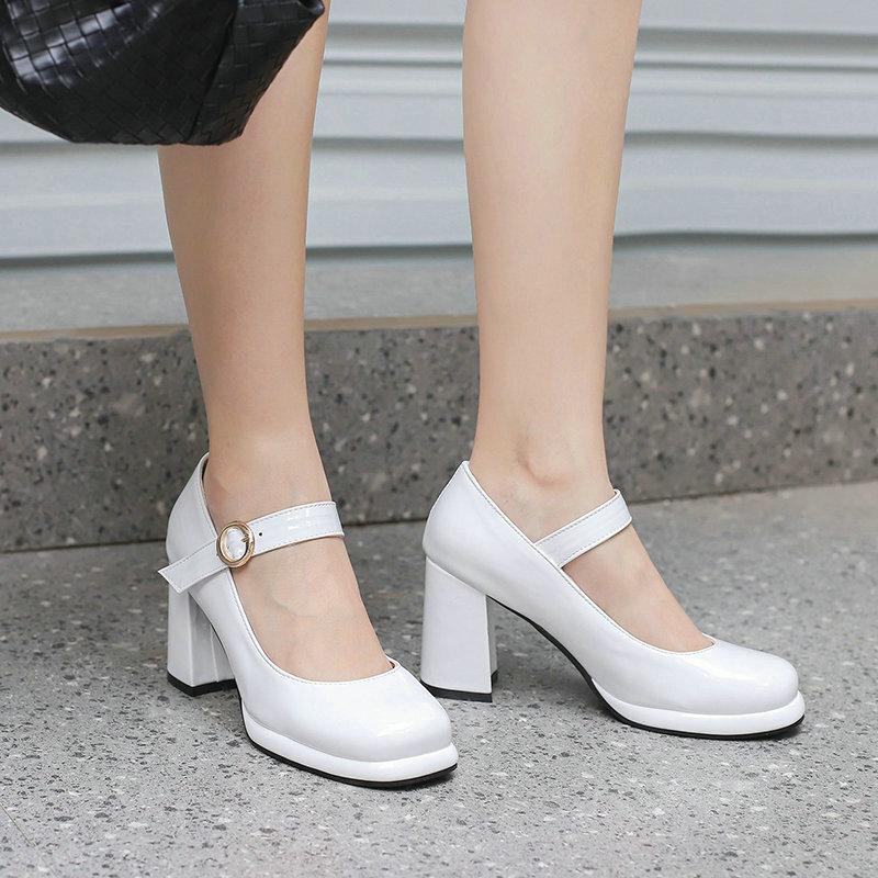 Patent leather Mary Jane women's single shoes spring and autumn new round head thick heel super high heel one-word buckle belt women's single shoes