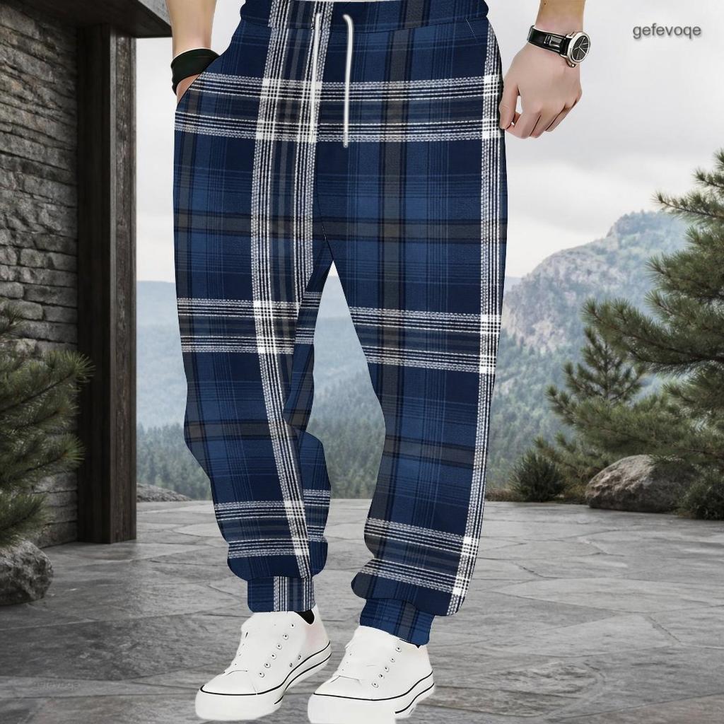 Men s Plus Size Black Grey Plaid Printed Drawstring Waist Cuffed Ankle Jogger Pants
