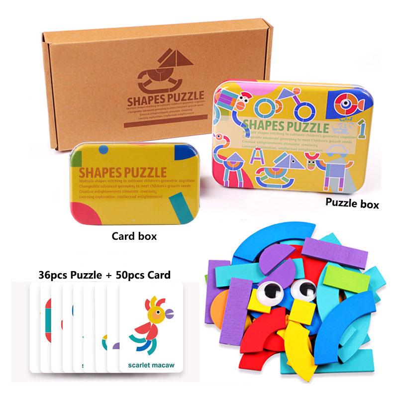 Geometric Shapes Wood 3D Puzzles for Kids Tangram Jigsaw Montessori Games Children Wooden Educational Toys with Box