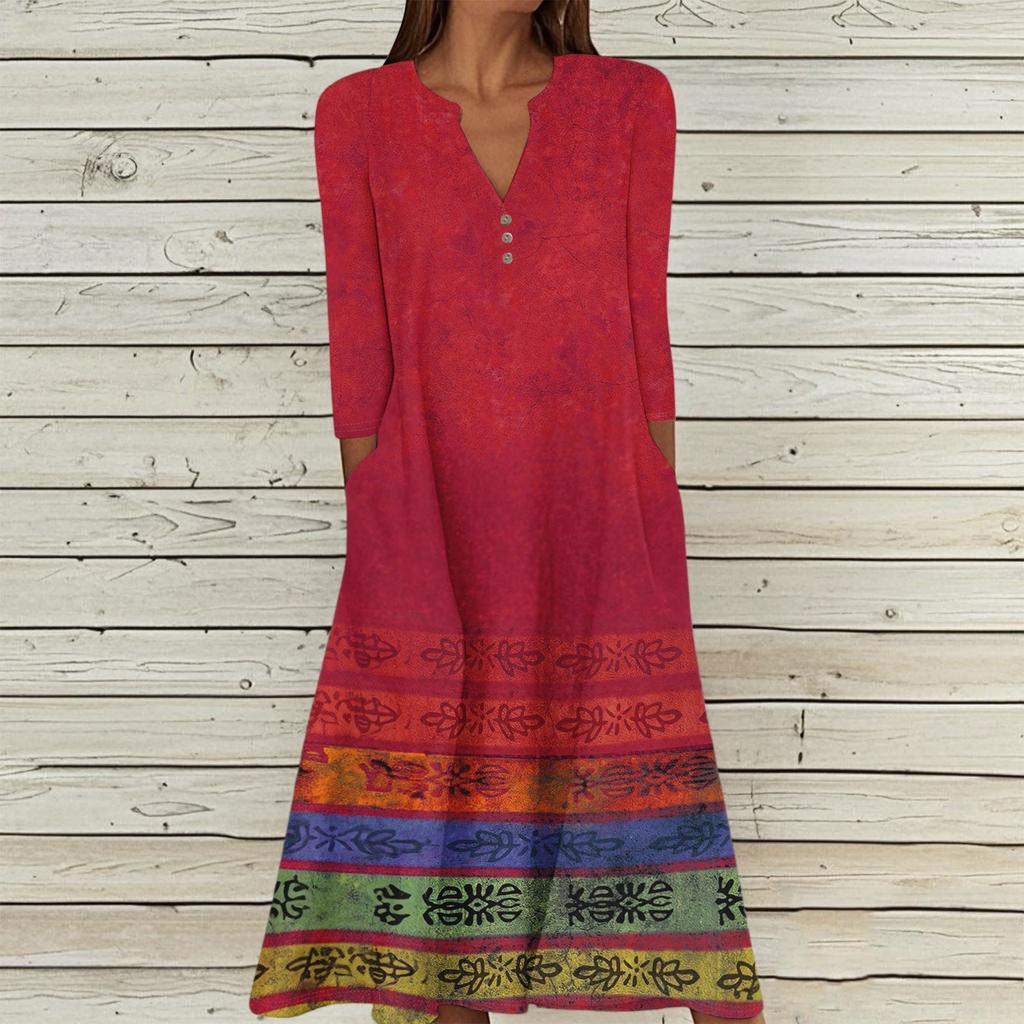 Women's Summer Casual V-Neck Button Vintage Floral Print Three-quarter Sleeve Long Dress With Pockets
