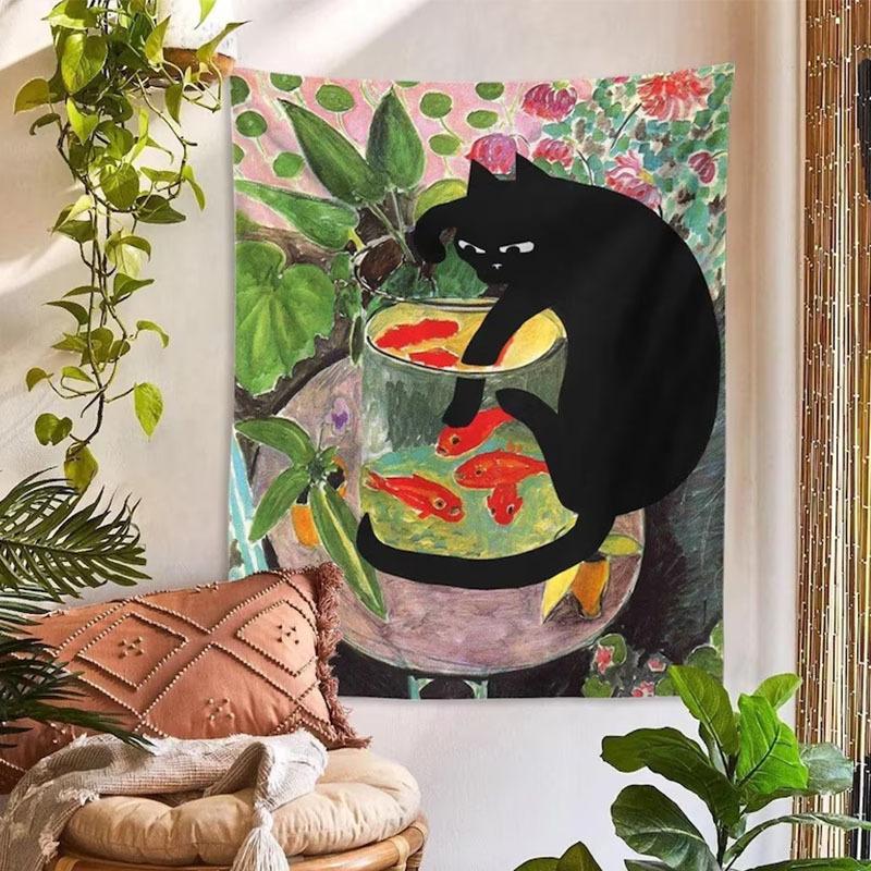 VIKAMA Matisse Goldfischglas Schwarze Katze Wandteppich Kunst Scherz Stil Wandbehang für Wohnzimmer Arbeitszimmer Ferienwohnung Dekor