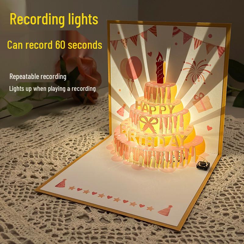 Dźwiękowa kartka urodzinowa 3D Pop-Up ze światłem do nagrywania - Wzór tortu na prezent dla chłopaka/dziewczyny