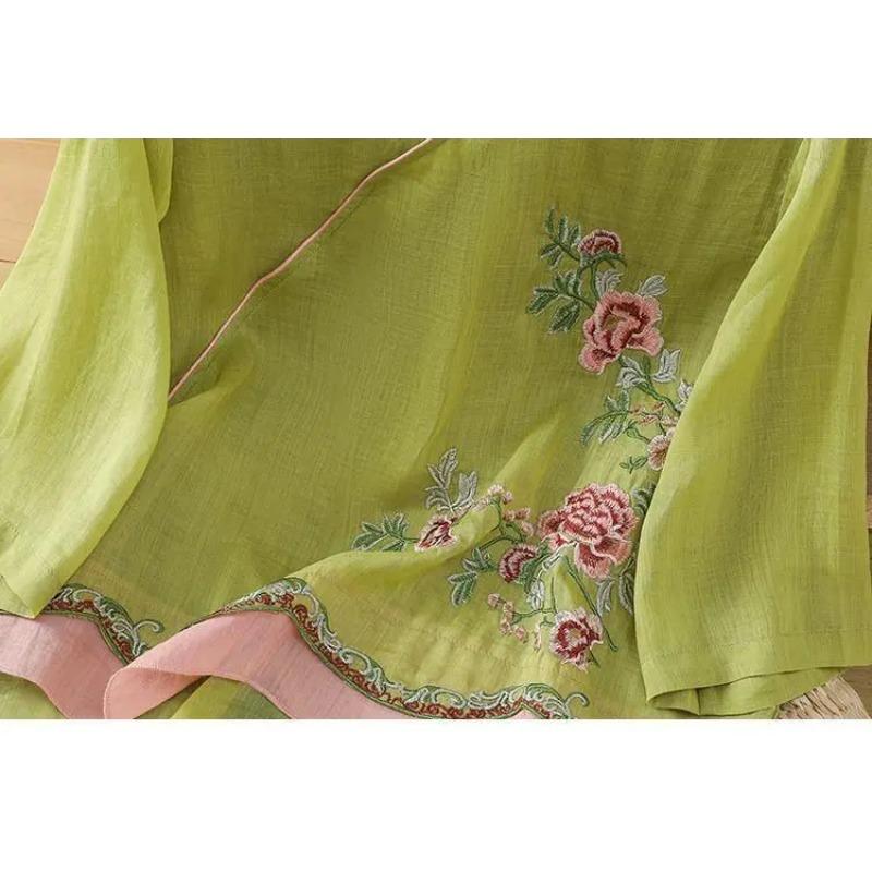 Chinese Style Slanted Collar Cheongsam Shirt Ummer Linen Retro Style Embroidered Literary Flair