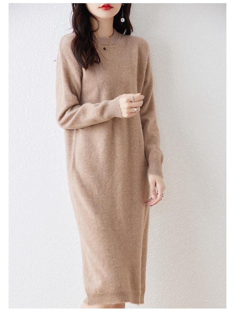 Women's Long Wool Knitted Dress - Over-the-Knee, Semi-High Neck, Loose Fit for Autumn/Winter