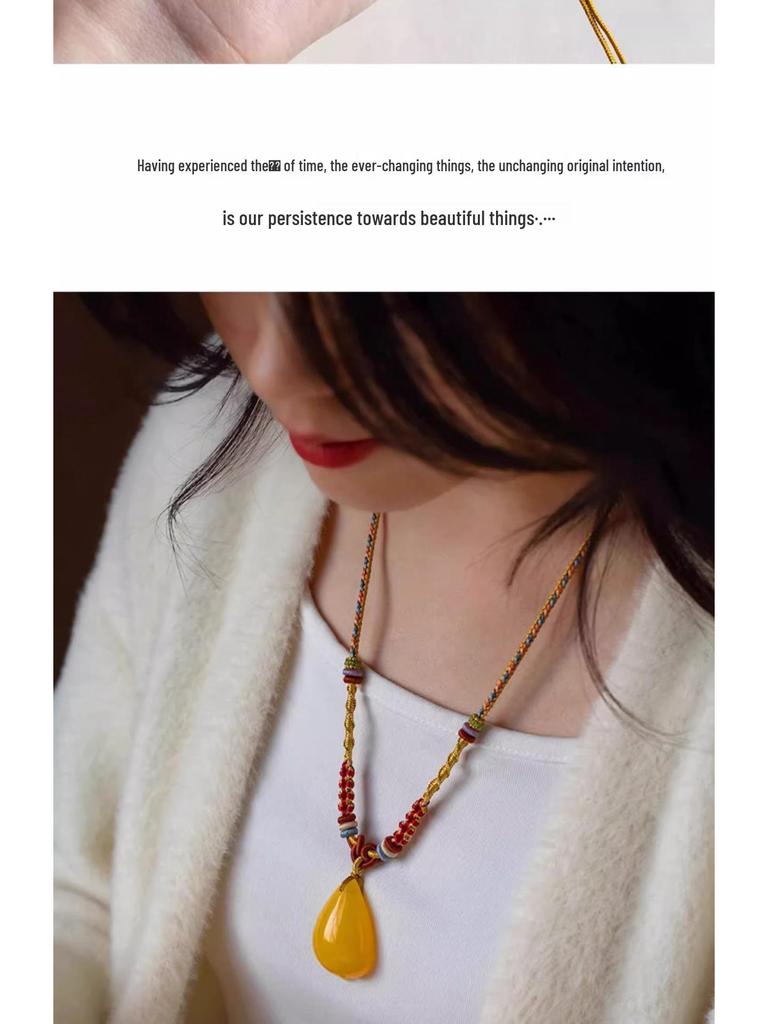 Elegant Handmade Amber Gold Pendant Necklace with Eight Treasures Compass Safety Buckle and Jade Pendant Rope
