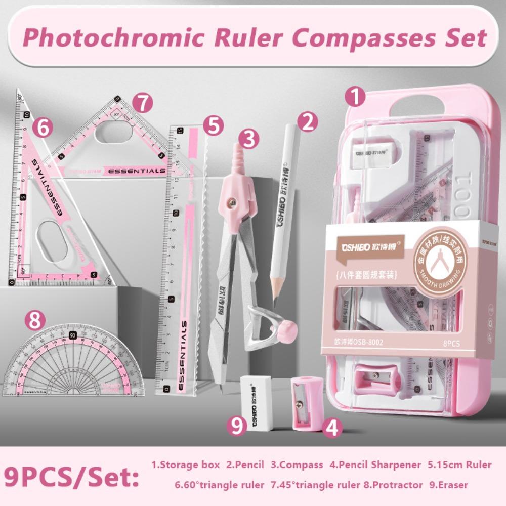 9PCS/Set Propelling Pencil Stationery Ruler Set Plastic Protractor Drawing Tool  Students