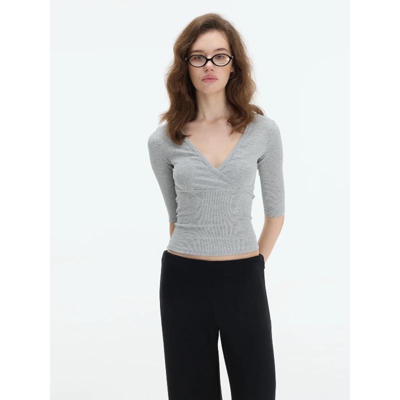 GlowGirl Elegant Pure Color Slim Fit Cross Collar Mid Sleeve T-Shirt Women's Summer Fashion Casual Cotton Blend V-neck Top
