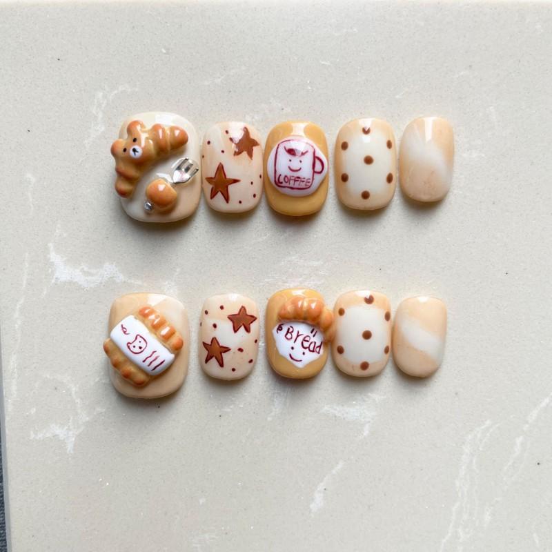 Hand-Painted Press-On Nails Short Square Cat Eye Design Cute Kawaii Style Wearable Nail Tips Women